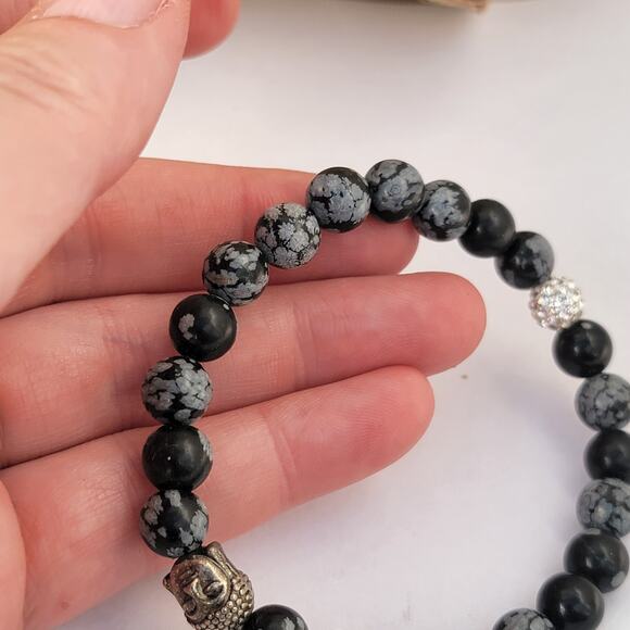 Vintage snowflake obsidian Buddha bracelet rhinestone accent stretch - Picture 3 of 10
